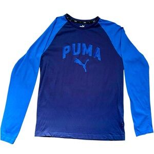 Puma Men’s 2 Tone Blue Long Sleeve Raglan Embroidered Logo Shirt Size Medium